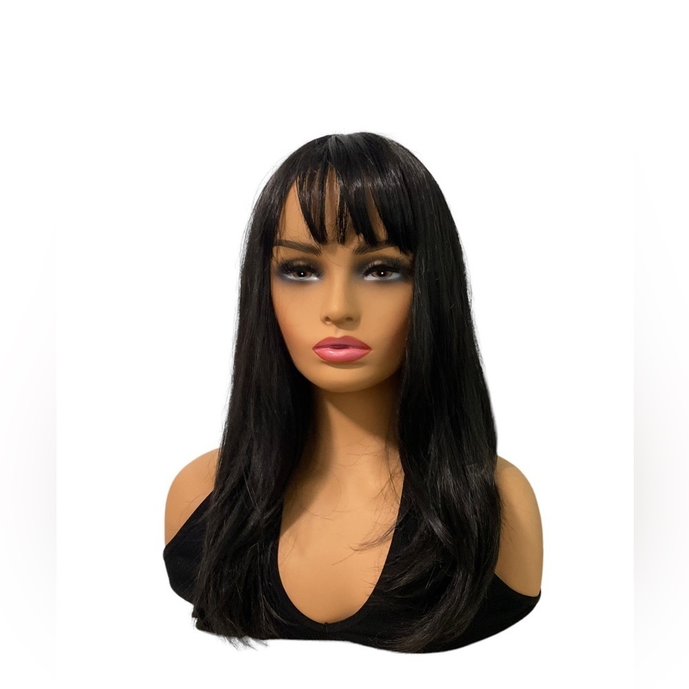 Black Wig With Bangs Vegan High Quality Fiber 22”